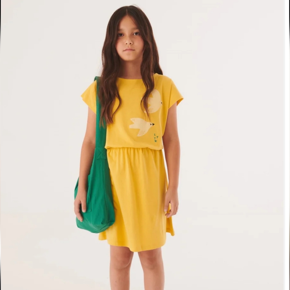 Letter to the world. Organic cotton Yellow Kids Dress with Bird Print. 8-9 yrs.